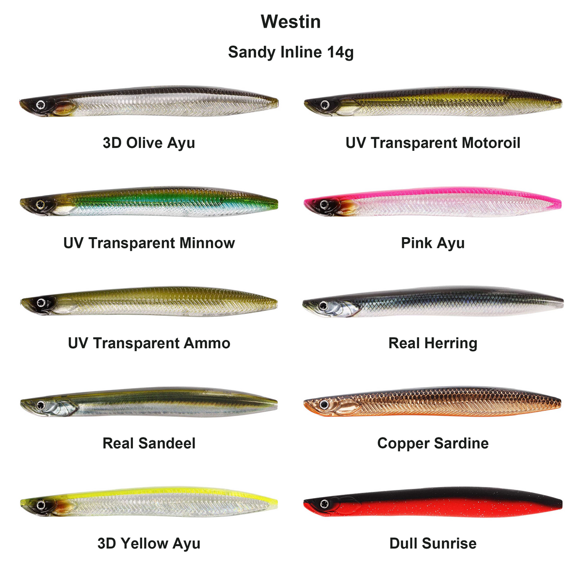 Farveoversigt – Westin Sandy Inline 14g