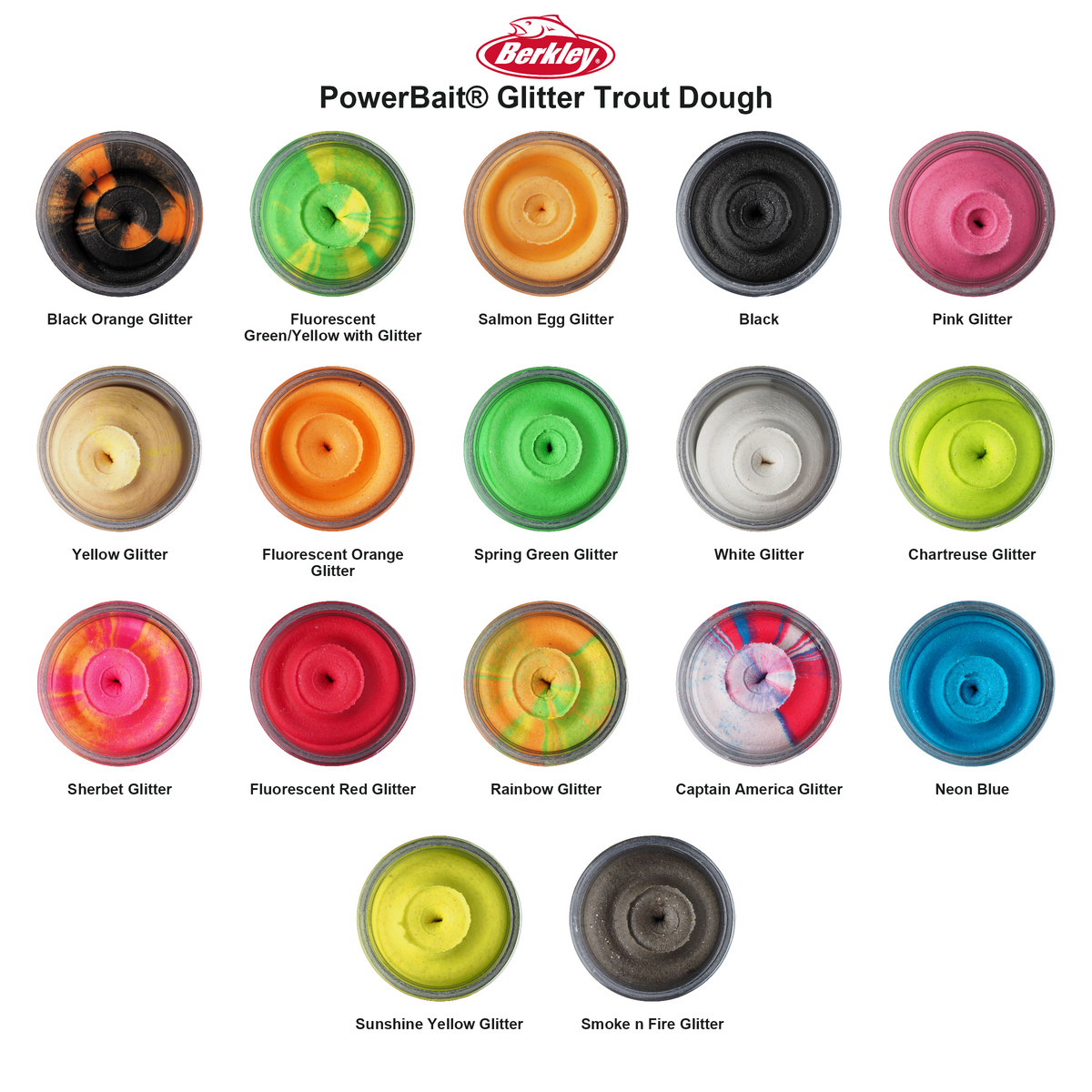 Farveoversigt – Berkley PowerBait® Glitter Trout Dough